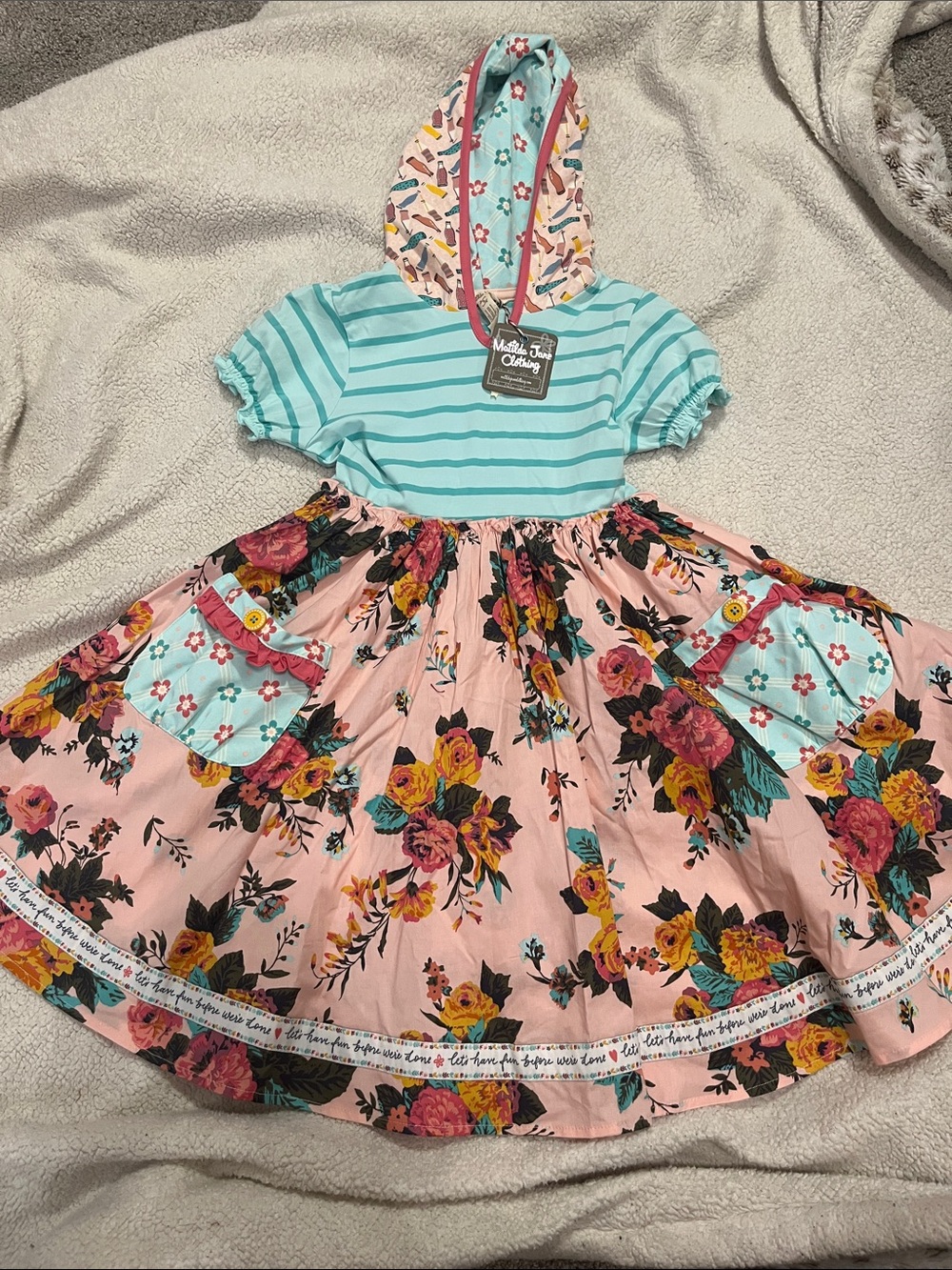 Matilda Jane Pink Floral & Aqua Striped Hooded Dress